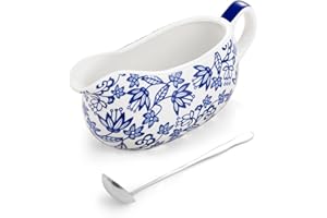 LoeJan 17OZ Gravy Boat with Spoon, Ceramic Sauce Serving Dish, Easy-Pour Big Dripless Lip Spout Serveware Set for Salad Cream Milk Broth Black Pumpkin Thanksgiving
