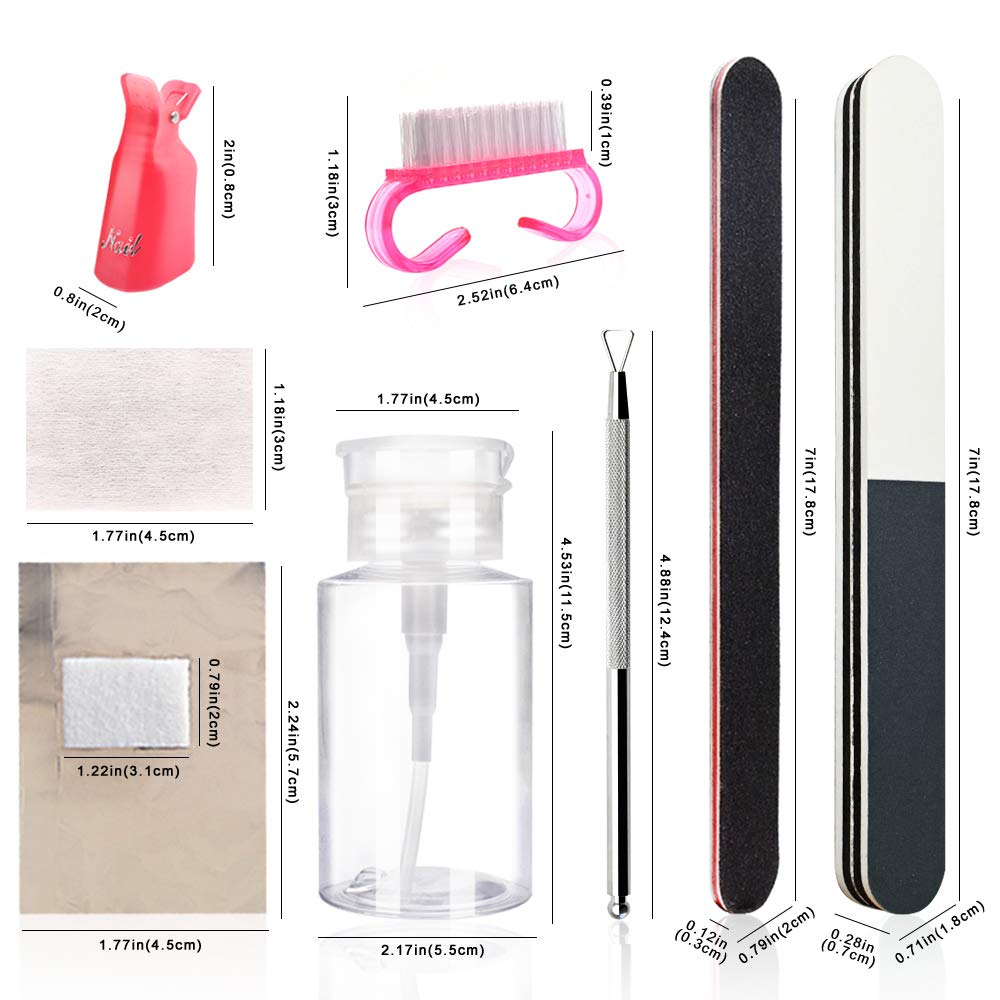 Gel Nail Polish Remover Kit for Acrylic/UV Gel/Soak-Off Polish Removal, Nail Clips to Remove Polish Set with Cotton Pads/Acetone Pump Dispenser/Nail Foil Wraps/Cuticle Pusher/Nail Files/Cleaner Brush : Beauty