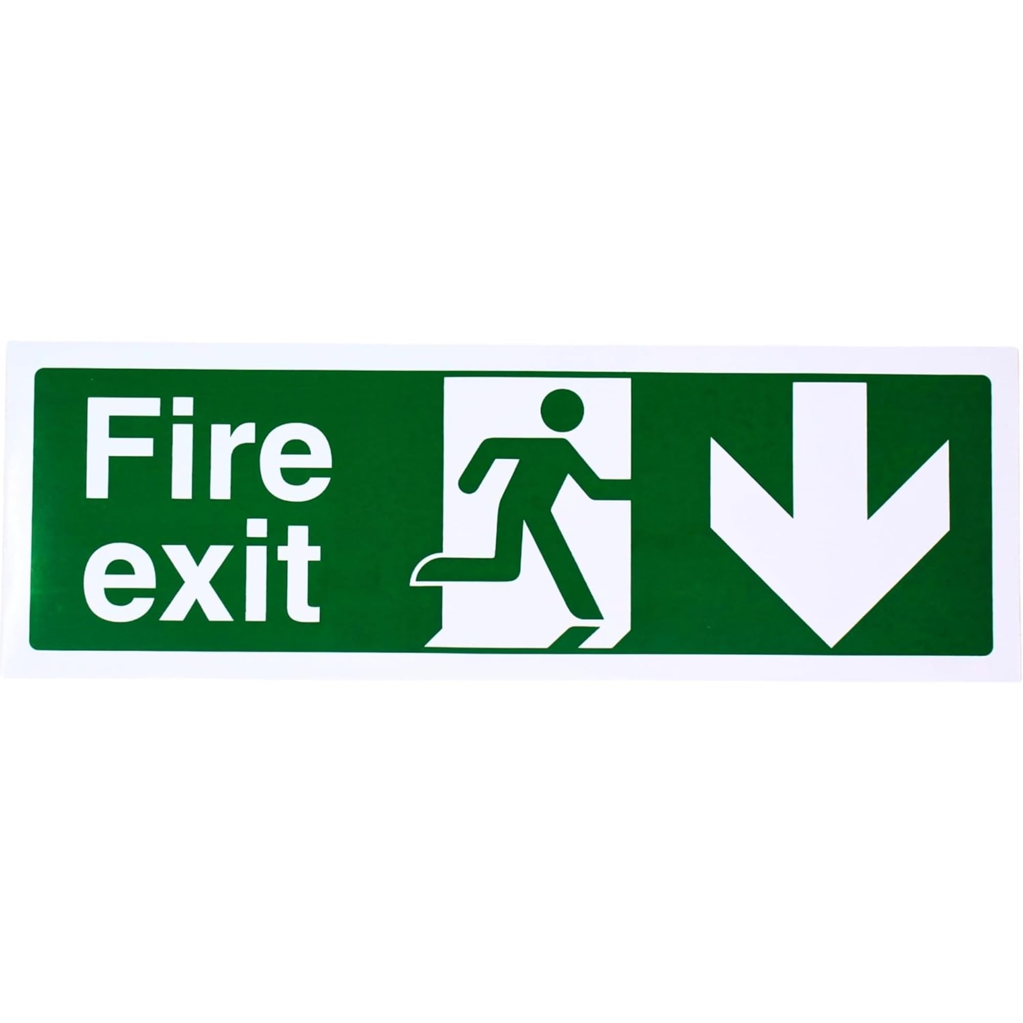 V Safety Fire Exit Arrow Down Sign - Landscape - 450mm x 150mm - 1mm Rigid Plastic, Green