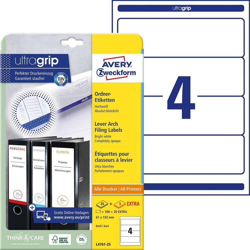 Avery Zweckform L4761-25 Folder Labels for Wide Folders Short e.g. for Leitz Elba Mehle Bene Biella 192 x 61 mm 25 Sheets