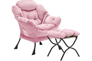 Youtanic Lazy Chair with Folding Ottoman, Accent Chair Velvet Upholstered with Metal Structure and Non-Slip Pads, Sofa Armchair with Footrest and Side Storage Bag for Dorm, Room, Office, Pink