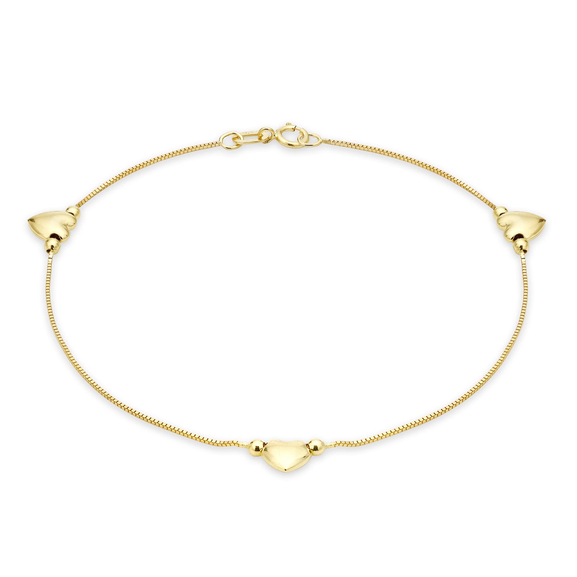 CARISSIMA Women's 9 ct Yellow Gold Three Heart Charm Box Chain Anklet of Length 26 cm/10.25 Inch