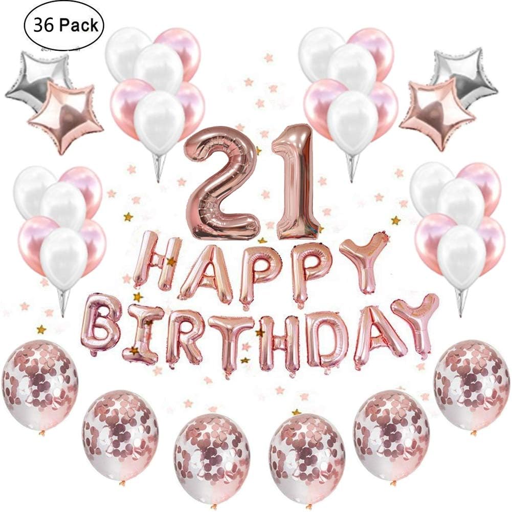 IEONGI Rose Gold 21th Birthday Party Balloons Decoration, Confetti Birthday Decor Party Supplies Kit HAPPY BIRTHDAY Banner Confetti Balloons Set Star Mylar Cute for Bithday Party