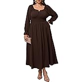 SHESTARR Plus Size Maxi Dresses for Curvy Women Wedding Guest Long Sleeve Square Neck Smocked Empire Waist Slit Long Dress
