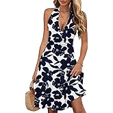 WKIOR Womens Sundress Summer Beach Vacation Sleeveless Halter Neck A-Line 2026 Boho Floral Midi Dress with Pockets