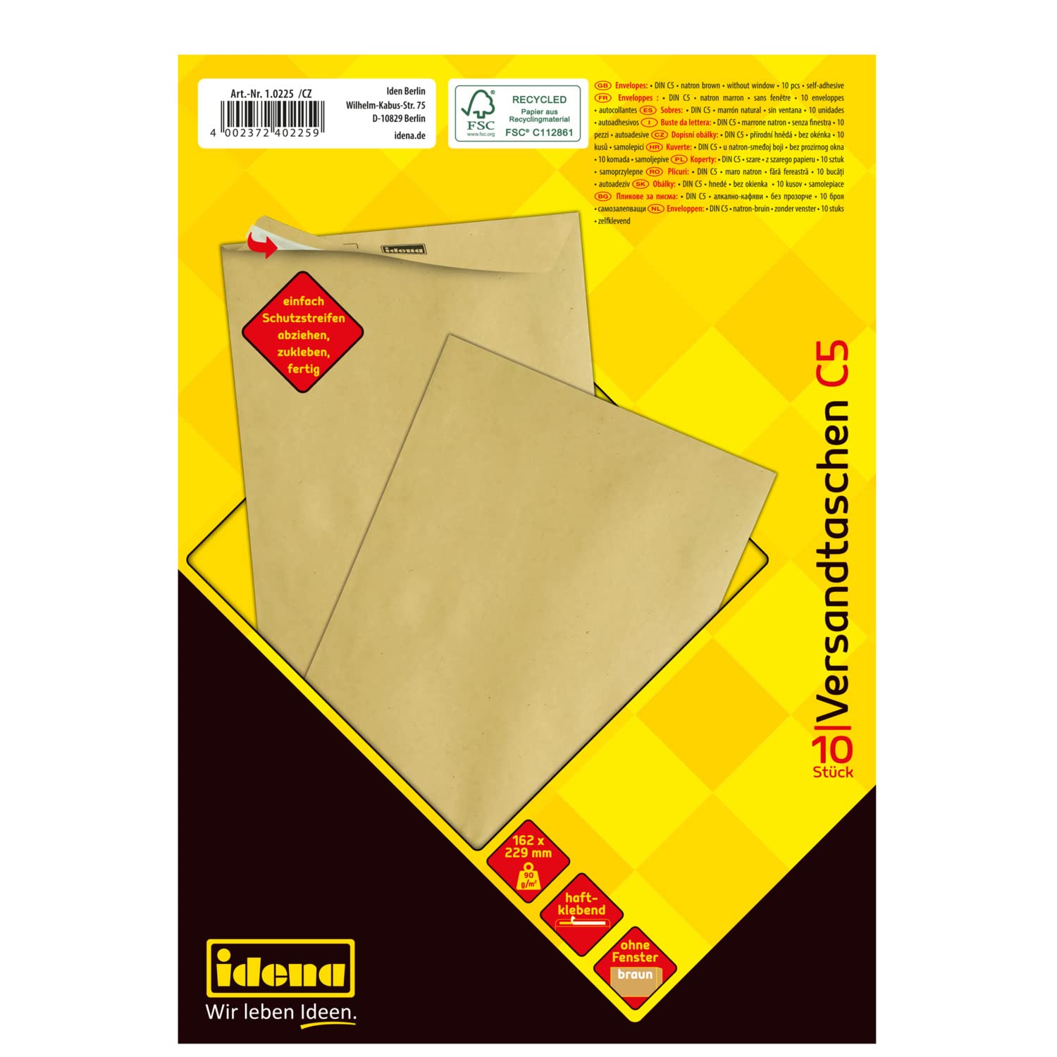 IDENA 10225 Envelope DIN C5 Self Adhesive Without Window 90 g/m² Pack of 10 FSC Mix, Brown