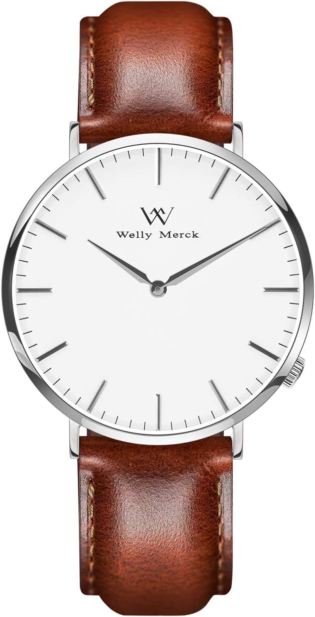 Welly Merck Leather Watch Men Minimalistic Watch Luxury Design Swiss Movement Sapphire Crystal Stainless Steel Analog Wrist Watch with Interchangeable Strap