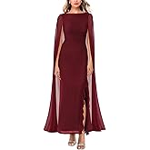 Lrady Women's Formal Evening Gowns High Split Ruffle Wedding Guest Cape Sleeve Cocktail Party Maxi Dress, Wine Red, XX-Large