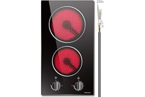 2 Burner Electric Cooktop, Noxton 12 inch Built-in Electric Stove Top, 3000W 220-240v Ceramic Cooktop with Knob Control 9 Heating Level, Hot Warning, Hardwired, No plug