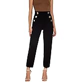 Women's Casual High Waisted Ankle Cropped Pants Elastic Waistband Slant Pockets with Metal Buttons