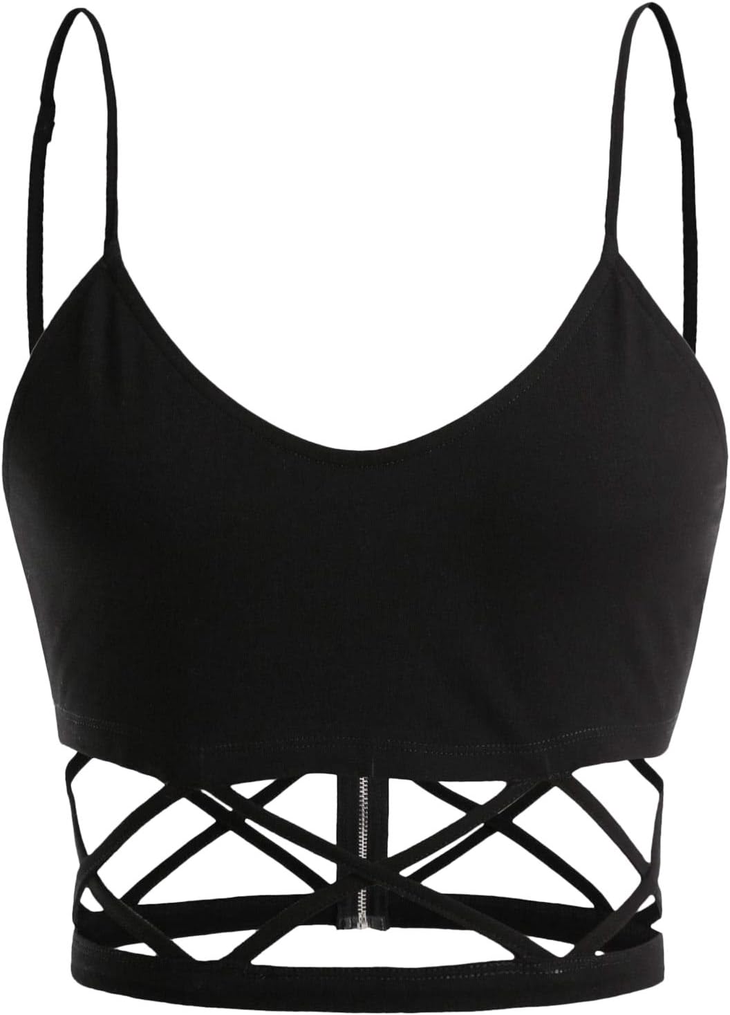 SheInWomen's Sexy Straps Sleeveless Cutout Criss Cross Zipper Crop Cami Tank Top