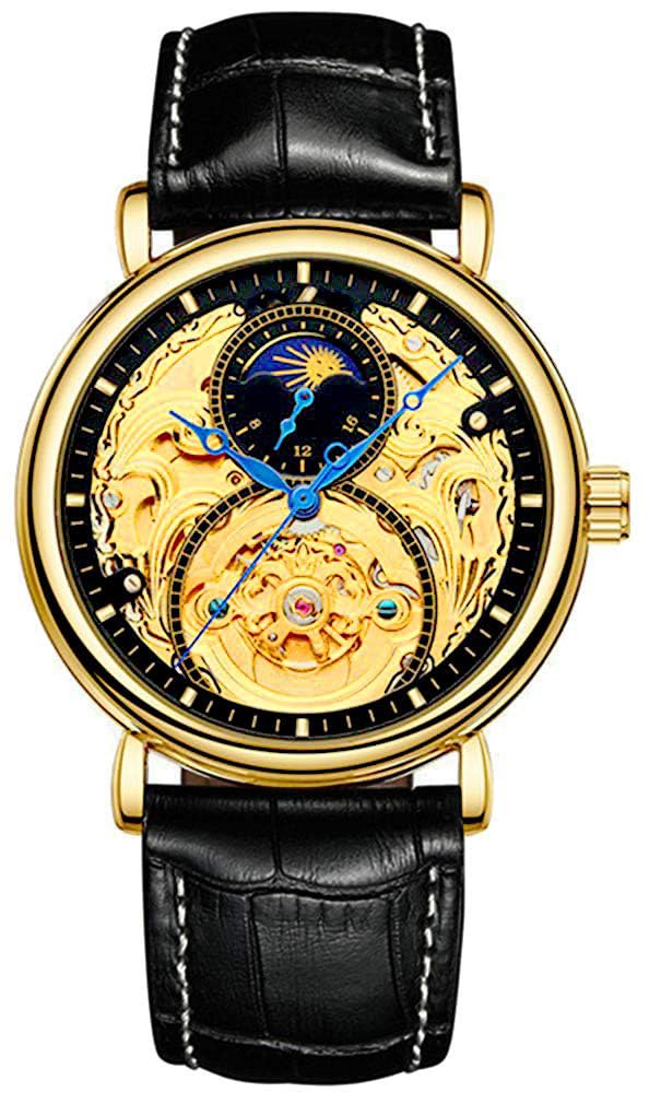 carlien Mens Automatic Watches Gold Tourbillon Skeleton Watch Moon Phase Waterproof Stainless Steel Watch, Leather Black, 44mm, Skeleton Watch