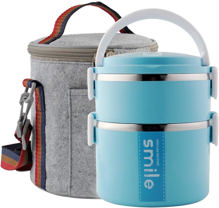 Worthbuy Stackable Lunch Box Stainless Steel Inner 2 Tier Round Lunch