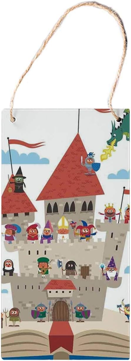 MNUT Kids Functional Hanging Wooden Signs,Fairy Tale Story Book Castle King Queen Princess Dragon Witch Knight Wizard Vikings Theme Print 10x5 inches