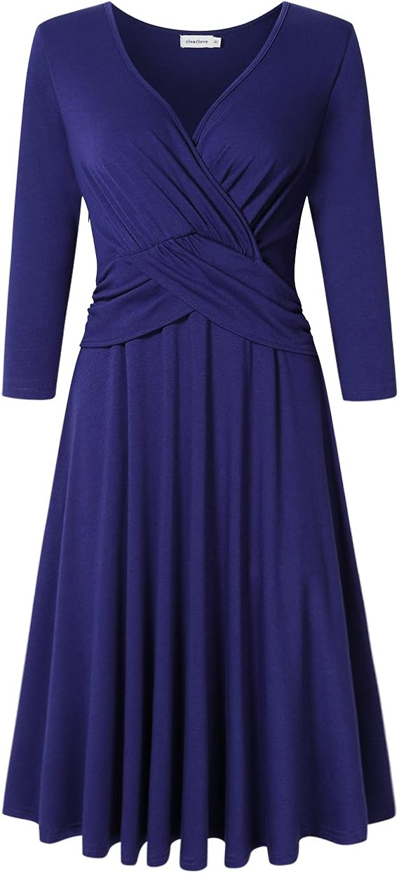 Clearlove Long Sleeve Dress Womenâs Wrap V-Neck 3/4 Sleeve Ruched A-Line Fit and Flare Casual 