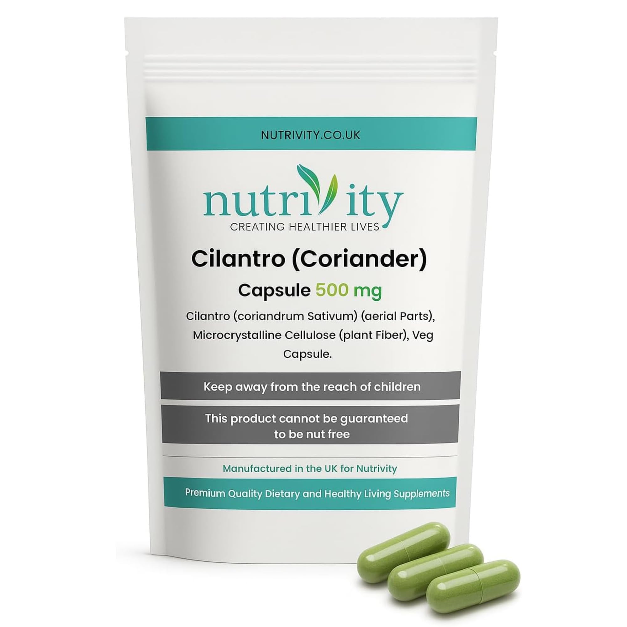 Nutrivity 500mg Vegan Cilantro Capsules, Fresh Coriander Leaf & Herb Complex - Natural Herbal Cleanser for Digestive Support, Colon Cleanse Support Supplement - Made in The UK – 120 Capsules