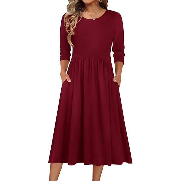Amazon.com: Women Autumn Casual Midi Dress Chiffon Red Long Sleeve Blue Maxi  Dresses : Clothing, Shoes & Jewelry