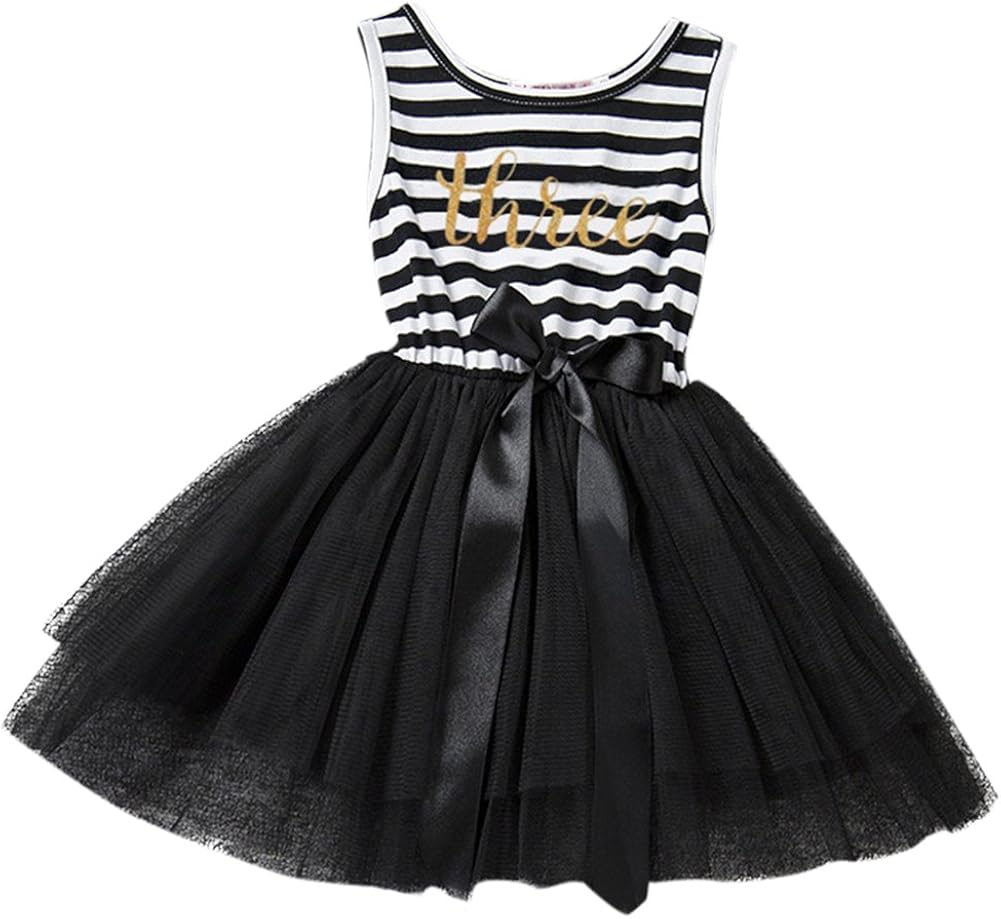 Baby Girls 1st/2nd/3rd Birthday Party Dress Outfit Striped Shiny Letter Crown Cake Smash Party Princess Tulle Skirt Clothes