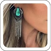 Zeshimb Boho Long Chain Tassel Dangle Earrings Ethnic Geometric Turquoise Stud Earrings Silver Fringe Chandelier Earrings Statement Jewelry for Women