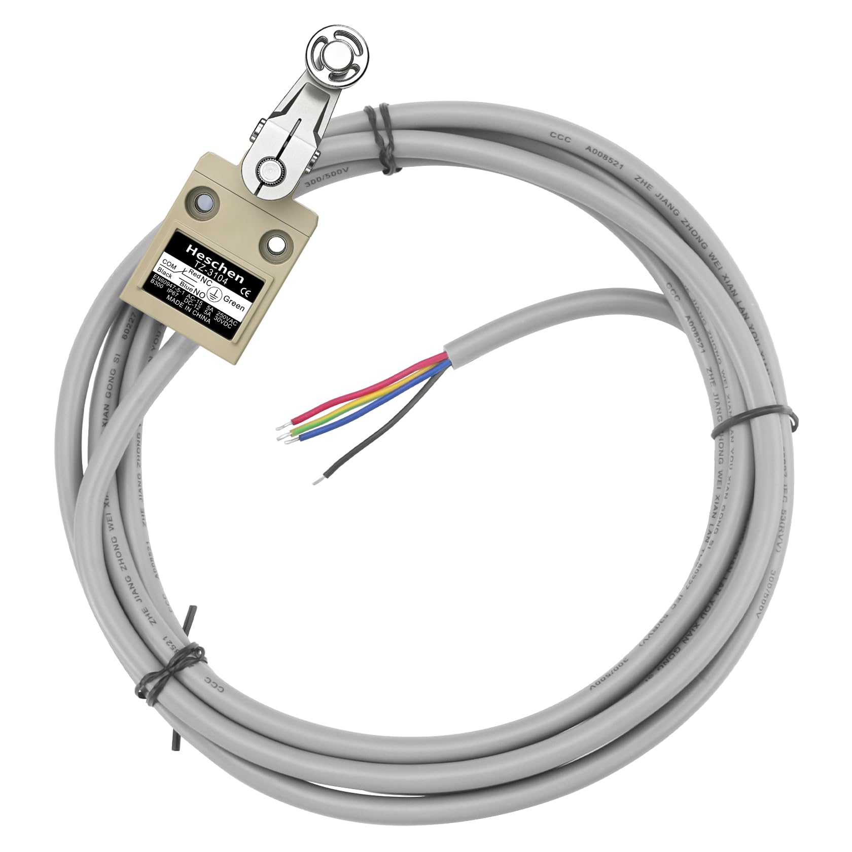 Heschen Compact Prewired Limit Switch TZ-3104 Roller Lever Plunger SPDT NO + NC Momentary AC 250V 5A IP67 Waterproof