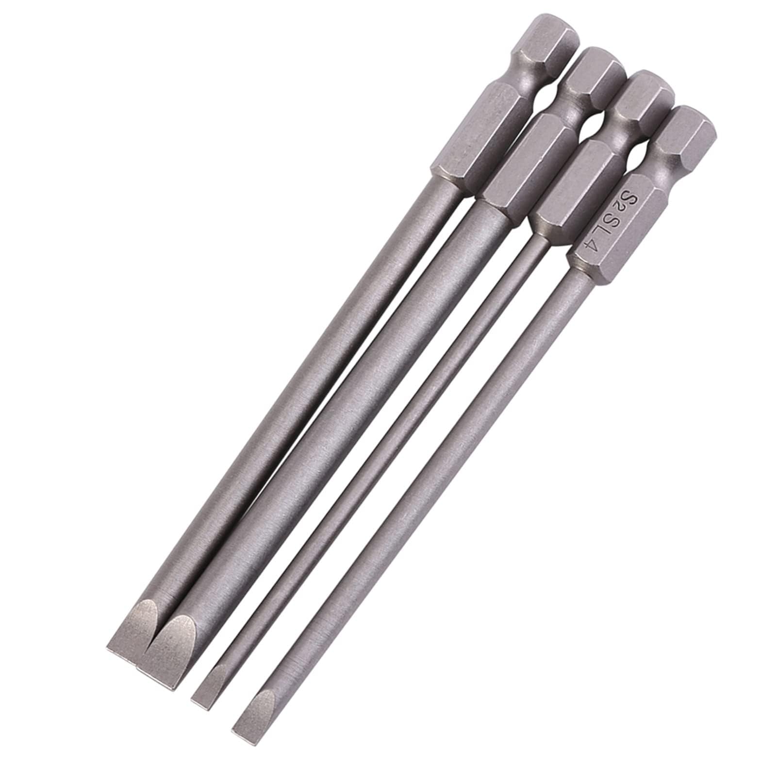 Slotted Screwdrivers Bit Flat Head Drill Bit, Screwdriver Set 4pcs 100mm S2 Alloy Steel 1/4 Hex Shank 3mm-6mm Magnetic Screwdrivers Bit for Electric Hand Screwdrivers