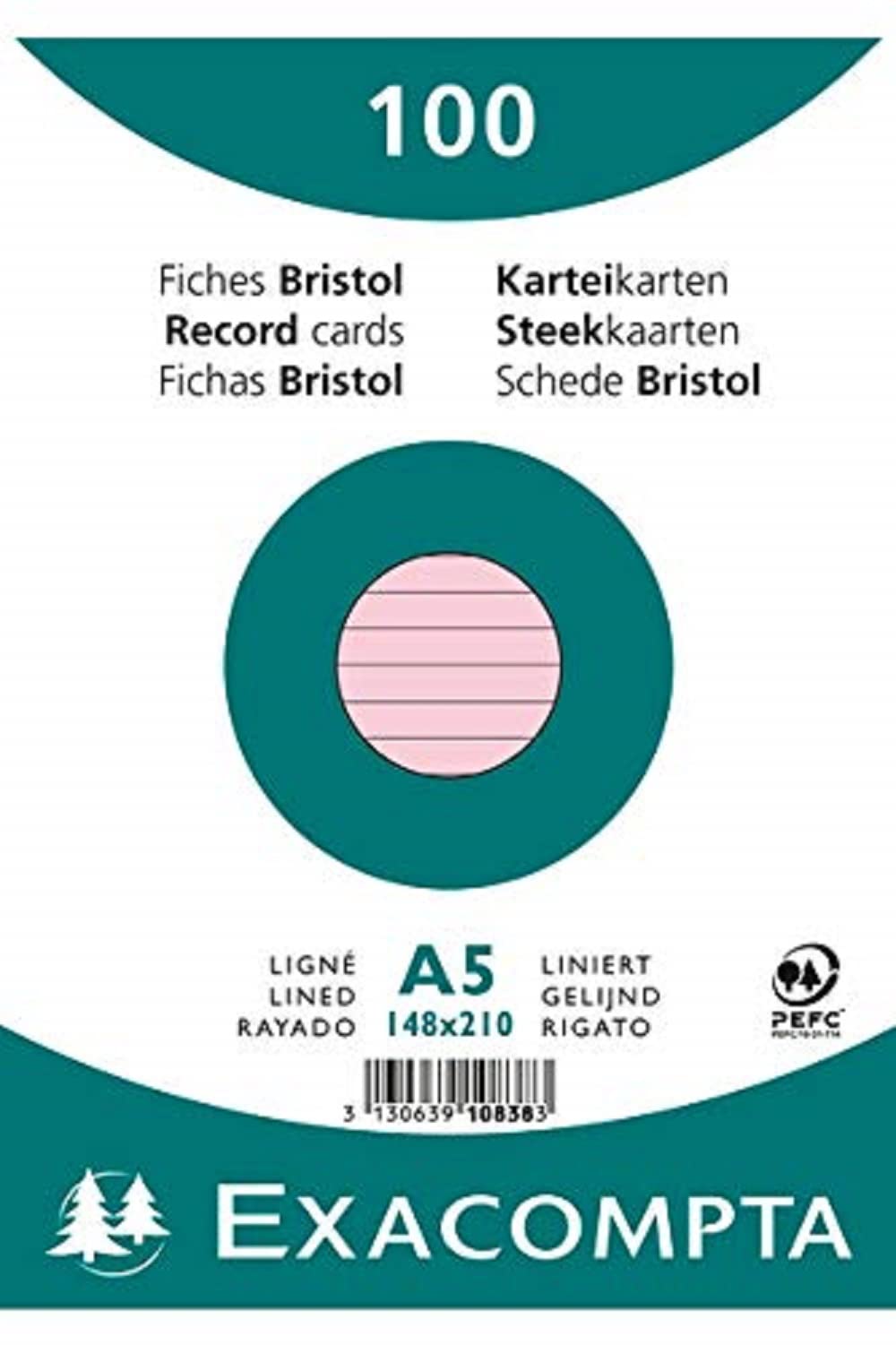 Exacompta - Ref 10838SE - Bristol Lined Record Cards (Pack of 100) - A5 in Size, 205gsm Card, Compatible with Printers - Suitable for Exam Revision & Notes - Pink