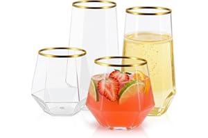 BELLAFORTE 48 Pack Plastic Glasses – 24 x 9oz Stemless Champagne Flutes & 24 x 12oz Stemless Wine Glasses – Elegant Disposable Shatterproof Cup – BPA-Free Drinkware for Weddings, Parties (Gold Rim Diamond)