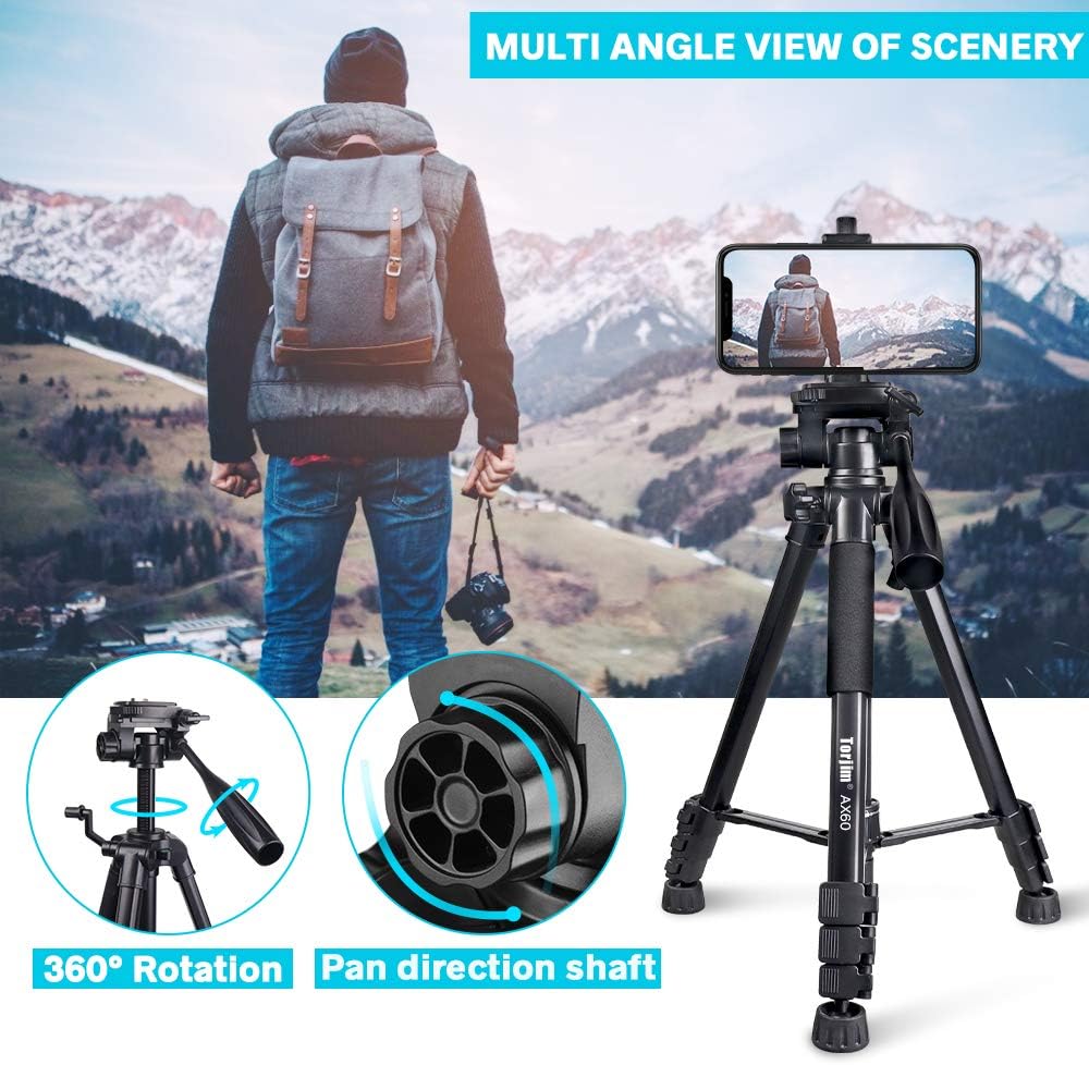 Torjim 60” Camera Tripod with Carry Bag, Lightweight Travel Aluminum Professional Tripod Stand (5kg/11lb Load) with Bluetooth Remote for DSLR SLR Cameras Compatible with iPhone & Android Phone-Black : Camera & Photo