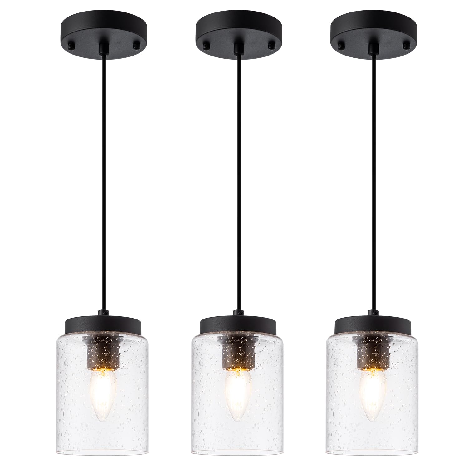 Photo 1 of IMPIOIO 3 Pack Seeded Glass Pendant Light Black Pendant Lighting Modern Mini Hanging Lighting Adjustable Cord for Kitchen Island Dining Room Sink,4.7in