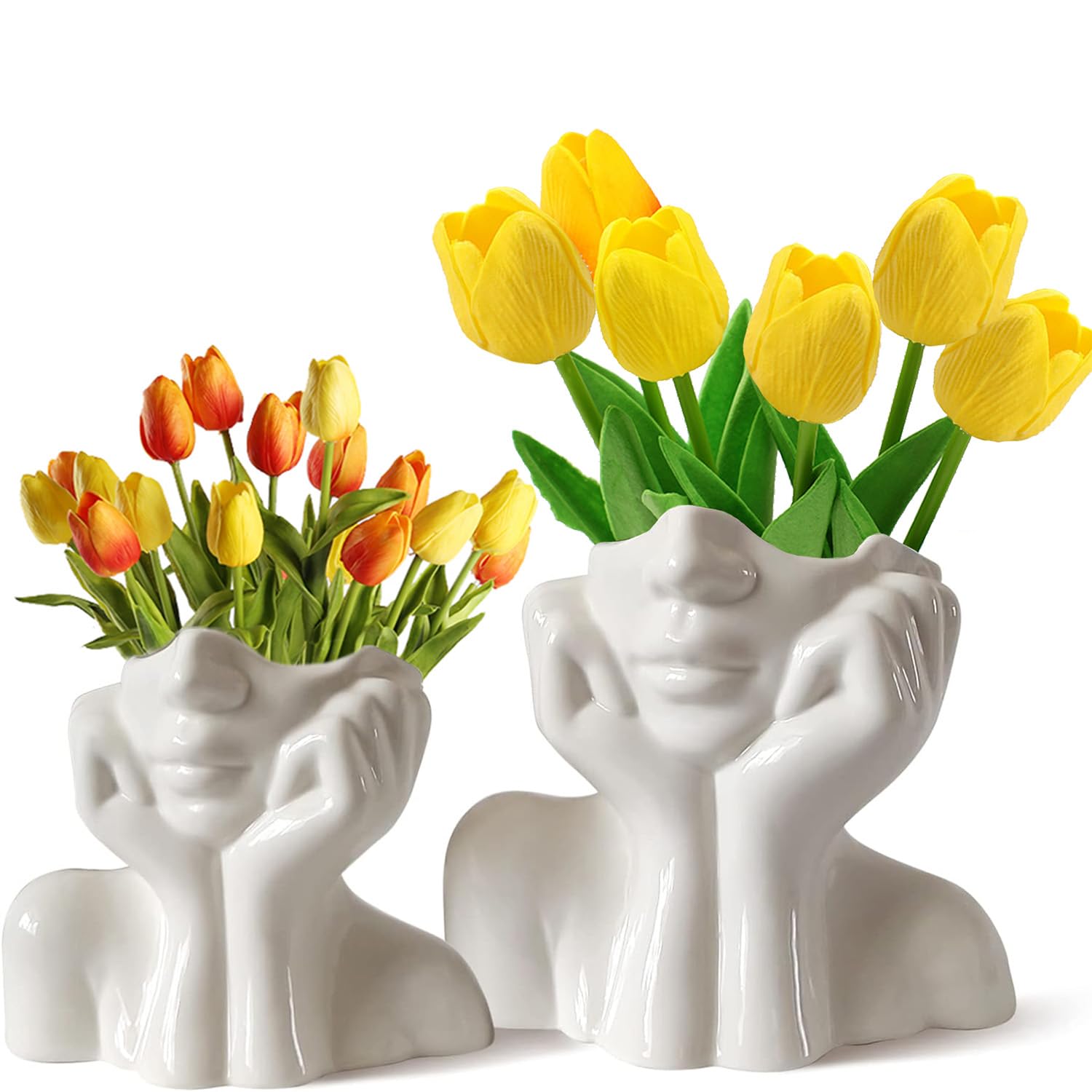 CEMABT Ceramic Woman Body Face Vase Set, Small Decorative Unique Modern Minimalism Nordic Flower Vase for Living Room Table Decoration, White Head and Body Female Form