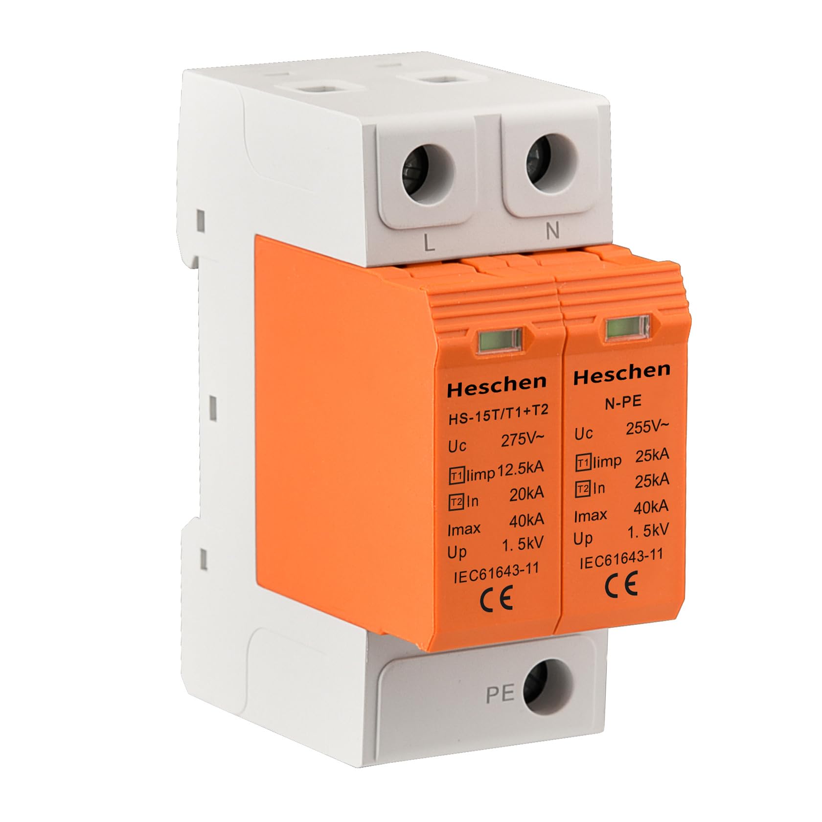Heschen Surge Protective Device SPD, HS-15T, 1+N-PE 275VAC, T1+T2 Type, Fire-Proof, Low-Voltage Arrester, 35mm DIN Rail Mounting