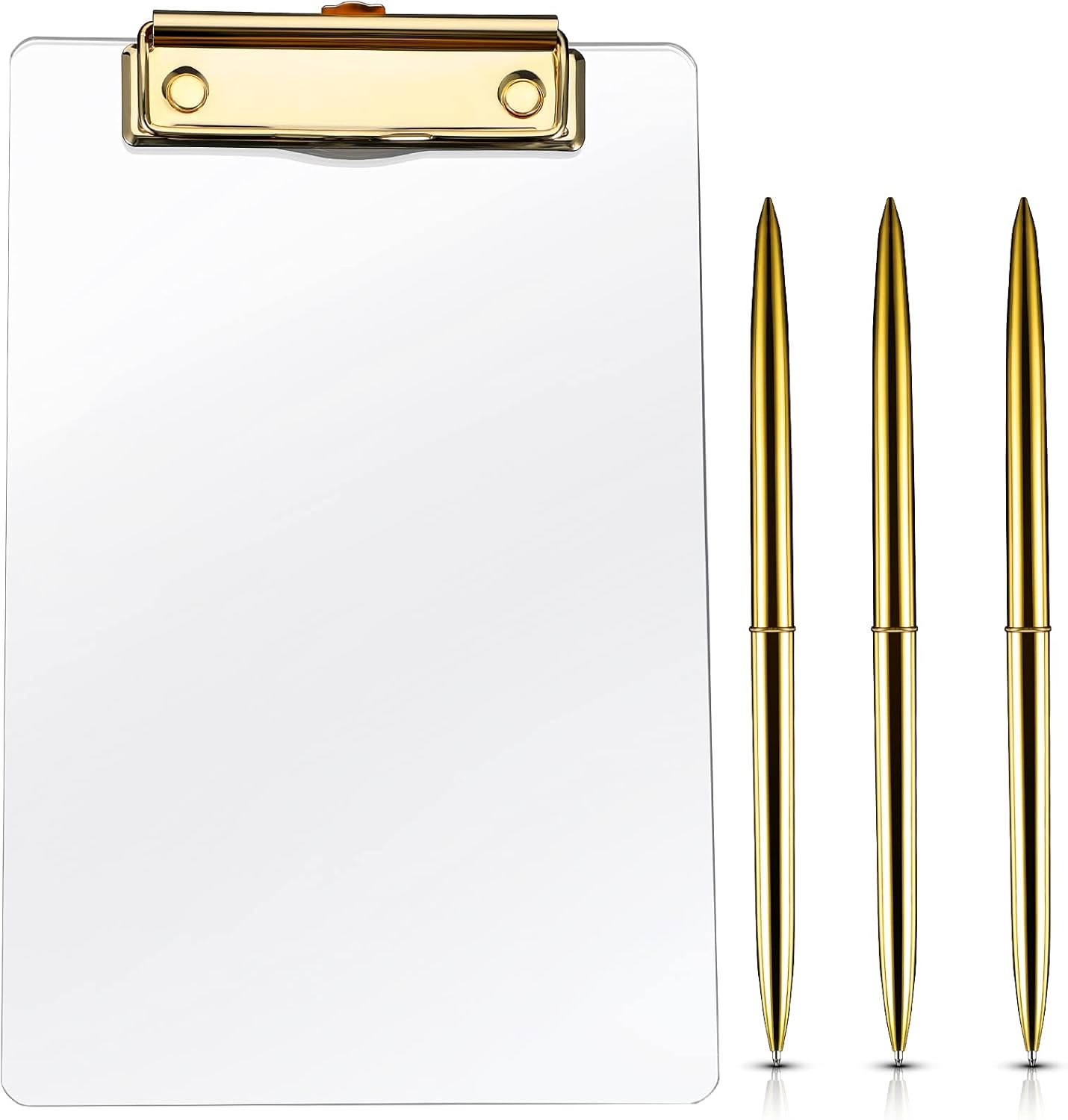 4 Pieces A5 Clear Acrylic Plastic Clipboard and Pen Set, Including with Shinny Gold Finish Clip Thick Clipboard, 3 Gold Ballpoint Pen for Modern Arts Lover, Office, School and Home