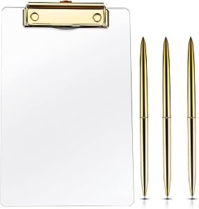 4 Pieces A5 Clear Acrylic Plastic Clipboard and Pen Set, Including with Shinny Gold Finish Clip Thick Clipboard, 3 Gold Ballpoint Pen for Modern Arts Lover, Office, School and Home