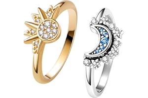 UNE DOUCE Celestial Sun and Moon Ring Set, Sparkling Sun Ring/Blue Moon Ring with 14k Gold/Silver Plating, Friendship Promise Ring, Stackable Celestial Rings, Gift for Women