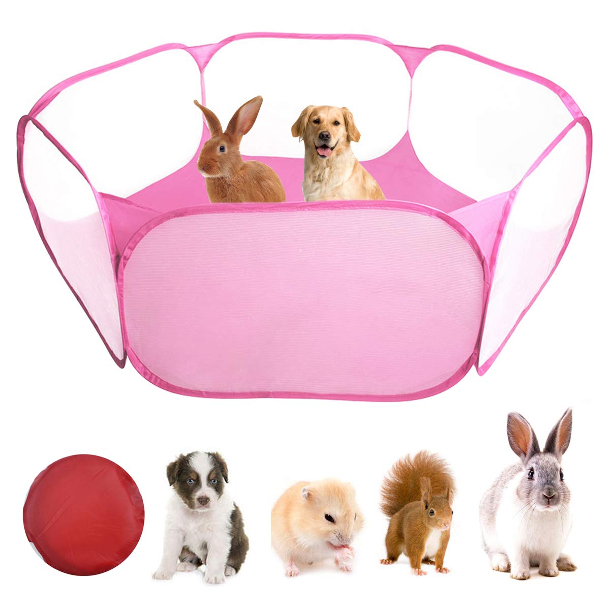 WEONE Small Animals Cage, Foldable Pet Playpen, Portable Hamster Playpen, Breathable Pet Cage Pen Tent, Pop-Up Outdoor Indoor Exercise Fence for Guinea Pig, Rabbits, Chinchillas, Hedgehogs, Rat -Pink