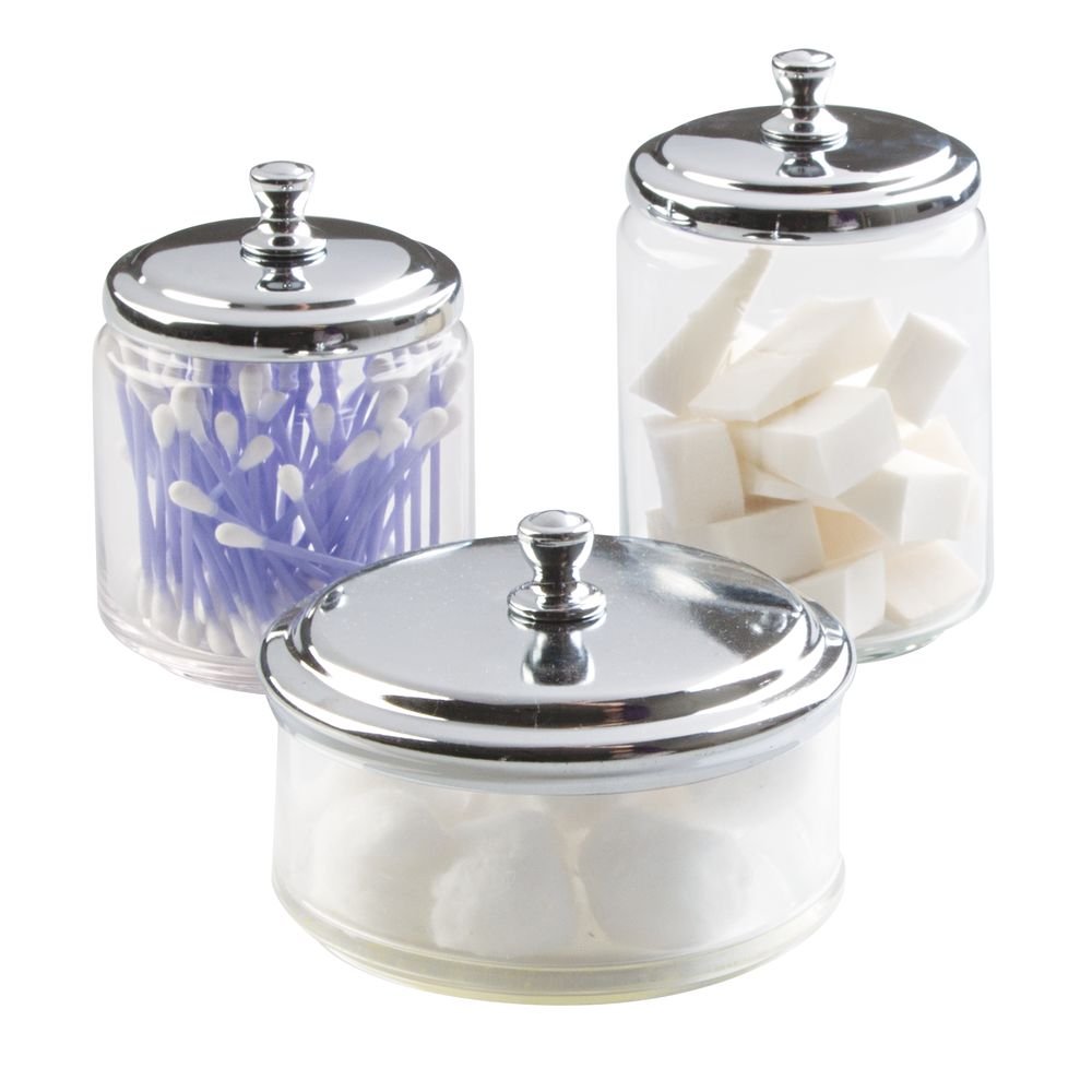 mDesign Glass Bathroom Vanity Apothecary Storage Organizer Canister Jar for Cotton Balls, Swabs, Beauty Blenders, Makeup Sponges, Bath Salts, Hair Ties, Jewelry - Set of 3, Varied Sizes - Clear/Chrome