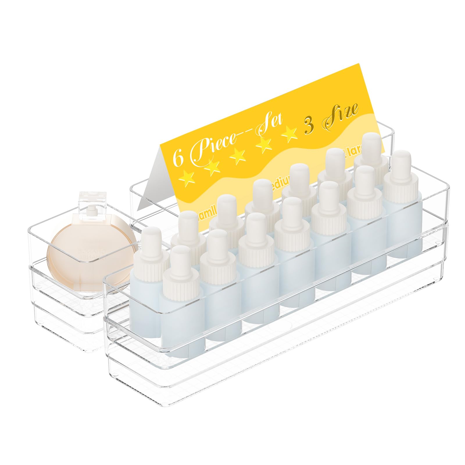 Maxset 6 PCS Clear Plastic Drawer Organizer Set, 2 Sizes Acrylic Drawer Storage Trays Non Slip Storage Bins for Makeup, Jewelry, Gadgets for Kitchen, Bedroom, Bathroom, Office