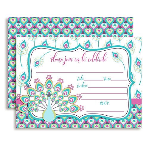 Amanda Creation Pink and Teal Peacock Themed Party Fill in Style Invitations, Set of 20 Including envelopes