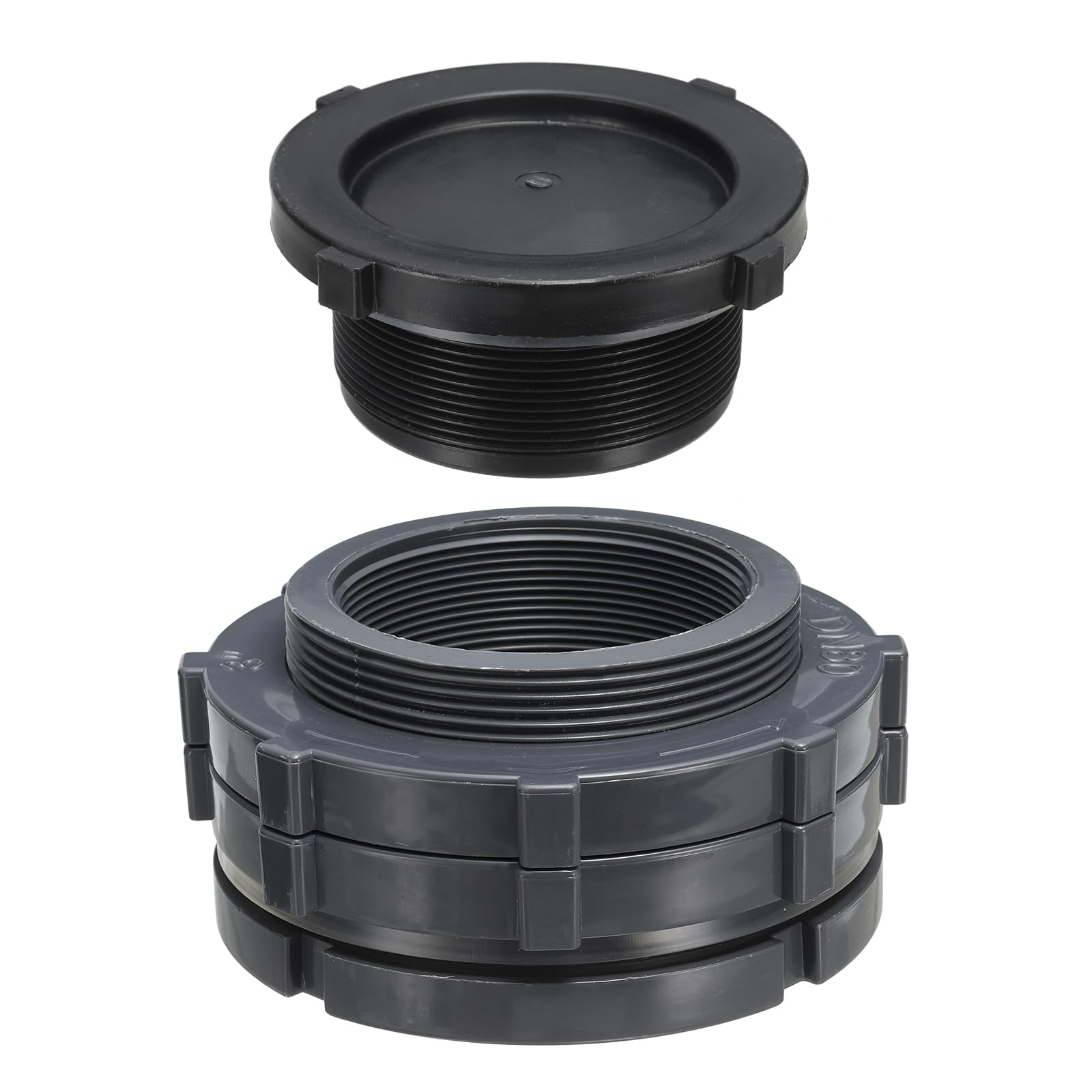 PATIKIL PVC Bulkhead Fitting with Plug G 3, Double Threaded Bulkhead Water Tank Connector with PVC Seal Gasket for Rain Bucket, Sinks, Aquariums, Grey