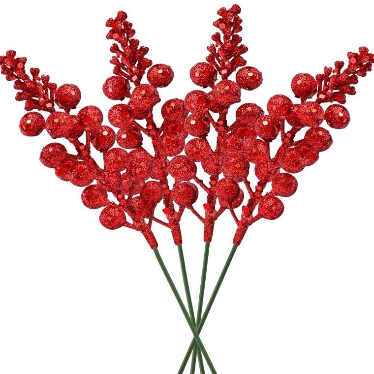 YYCRAFT Glitter Berries Stems, Artificial Berries Picks 10 Inch for Christmas Tree Ornaments, DIY Xmas Wreath, Crafts, Holiday and Home Decor(16 Pack, Red)