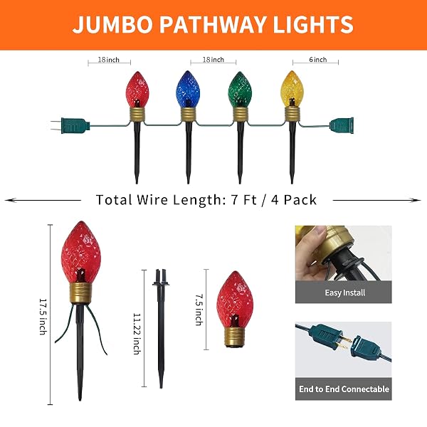 CHYPARTY JUMBO CHRISTMAS PATHWAY LIGHTS OUTDOOR, 7FT 4PCS CONNECTABLE PLUG IN MULTICOLOR DIAMOND WALKWAY LIGHTS FOR DRIVEWAY, FENCE, YARD HOLIDAY DECOR, GREEN WIRE