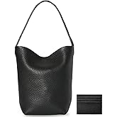 Genuine Leather Bucket Bag with Credit Card Holder Wallet, First Layer Pebble-grained Calfskin Tote Bag