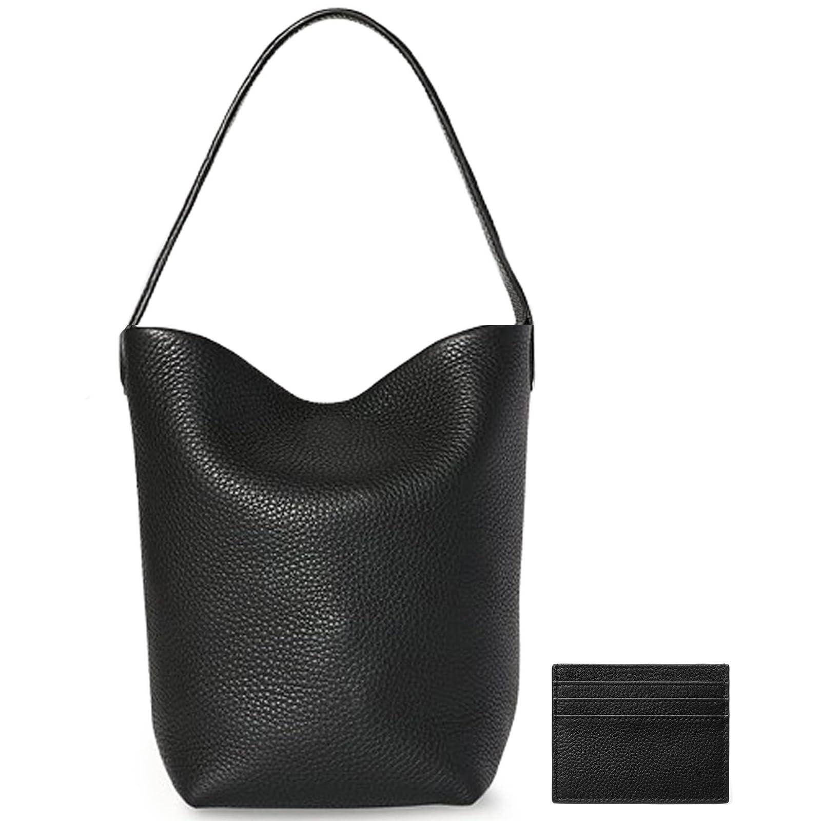 Photo 1 of Genuine Leather Bucket Bag with Credit Card Holder Wallet, First Layer Pebble-grained Calfskin Tote Bag, Leather Handbag with Cotton Insert Pocket (Black, Small)