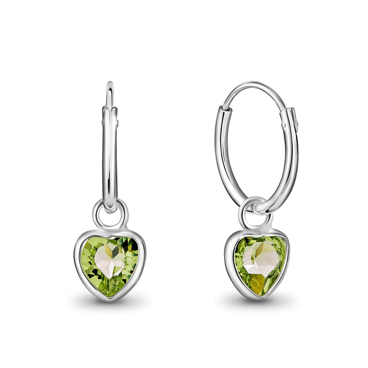 925 Sterling Silver Small Hoops Earrings with Dangling Heart Crystals 5 mm - Heart Earrings Peridot Colour - Thickness 1.2 mm - Diameter: 12 mm — image 1