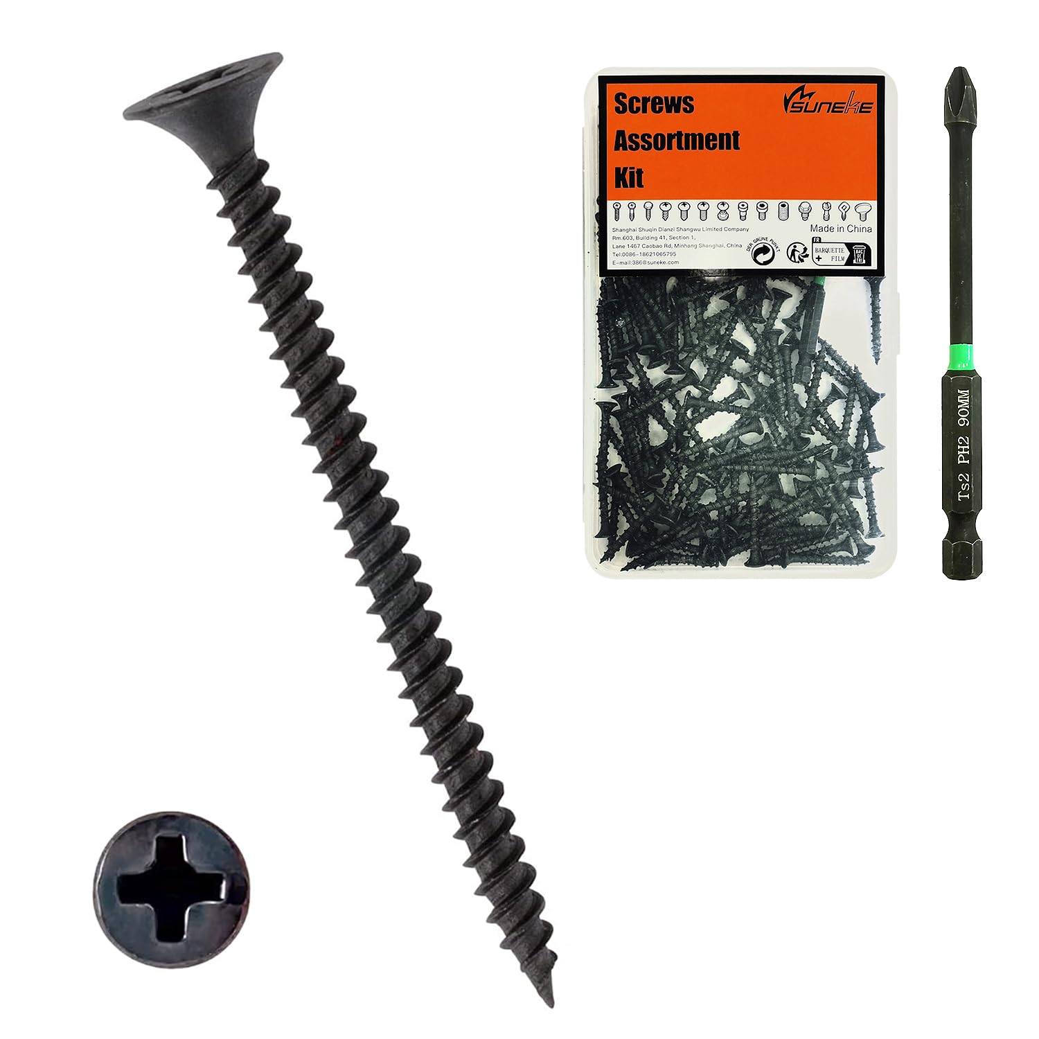 Suneke 200PCS M4.2 X 20mm High Hardness Drywall Screws, Black Phosphate, Coarse Thread, Phillips Drive, Bugle Head, Wood Screws with Organizer Box & 1 Phillips PH2#2 Long Bit