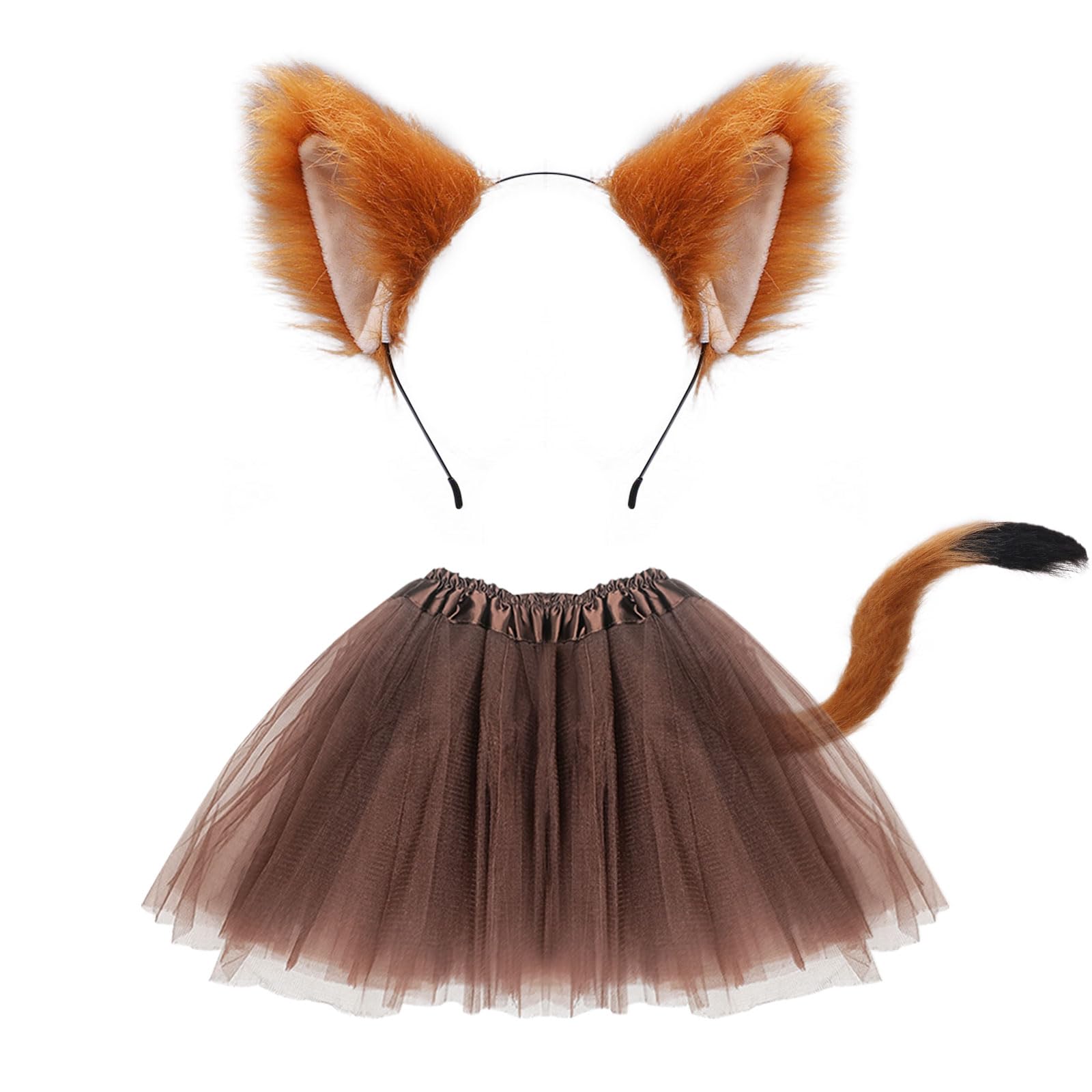 FUIPVGI 3 Pieces Fox Costume Included Faux Ears Headband Tail Tutu Skirt Set for Adults Kids Dress Up Fox Cosplay Halloween Costume Stage Show(brown)