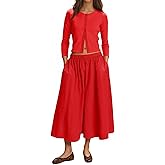 Tankaneo Womens 2 Piece Skirt Sets 3/4 Sleeve Knit Cardigan Elastic Waist Midi Skirt Outfits Casual Matching Dress Set