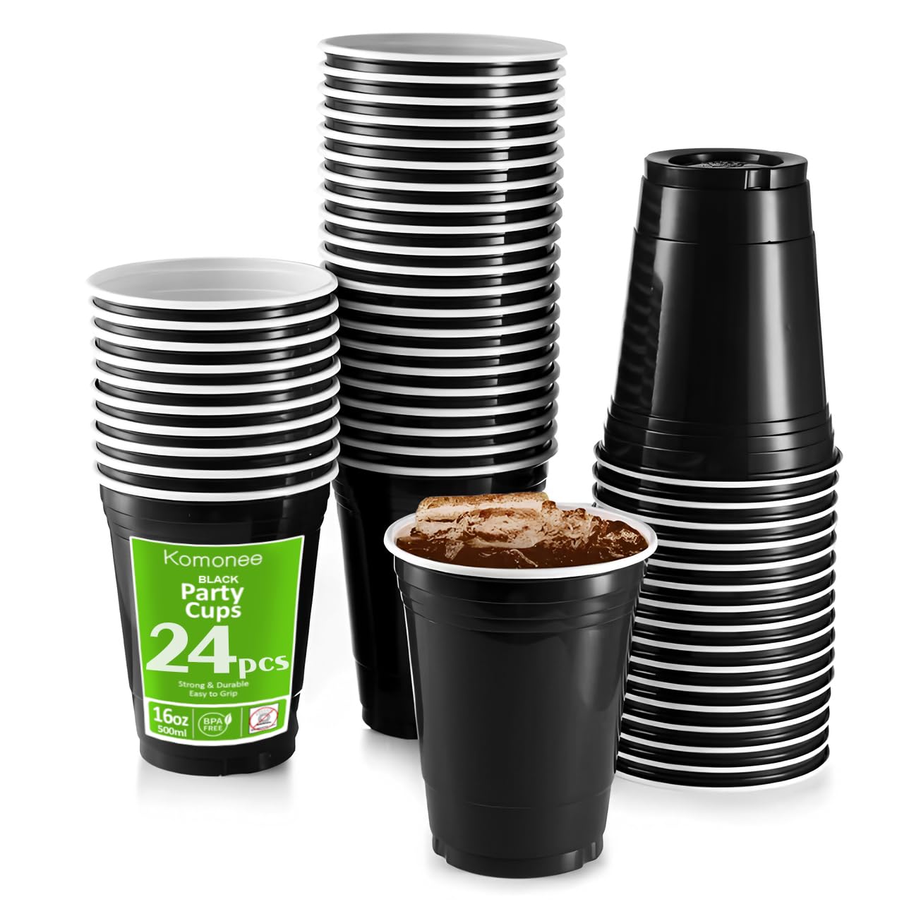 Komonee Black Cups 16oz 500ml Wide Rimmed Disposable American Superbowl Party Cups USA Adult Novelty Plastic Glass 24pc