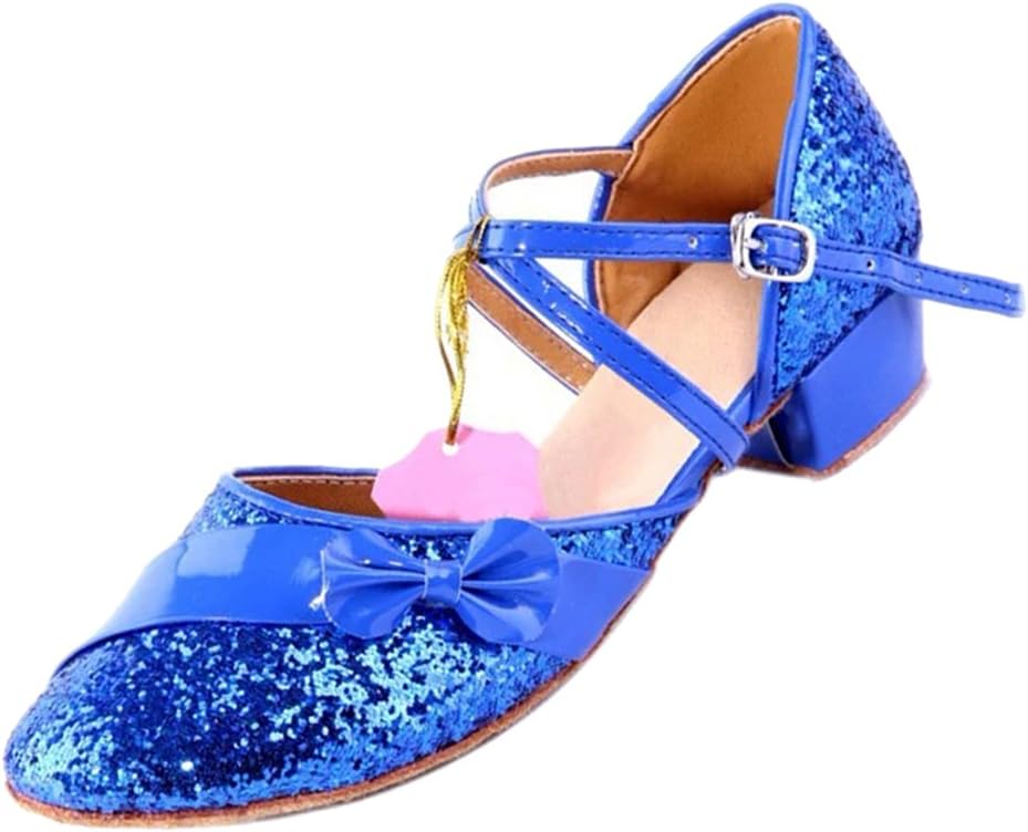 SANTSIWEI New Arrival Ballroom Dance Shoes For Women And Kids Latin Shoes Heel High 3.5cm-Sequined Bowknot Blue,6.5