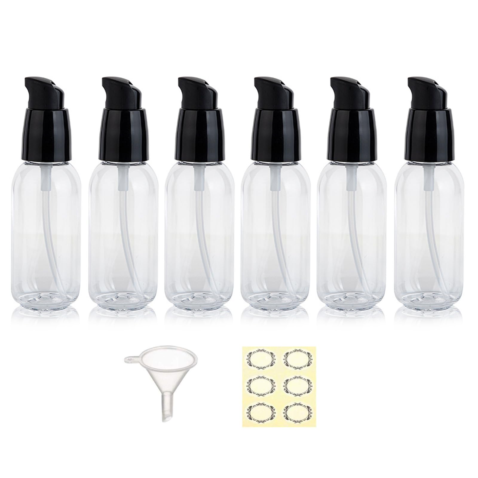 Apstaqeoo 6Pcs 50Ml Empty Lotion Pump Bottle Dispenser for Toiletries TSA Approved Pump Dispenser Leak-proof Plastic Travel Bottles Container with Label & Funnel for Cleaning Shampoo Cosmetic (Clear)
